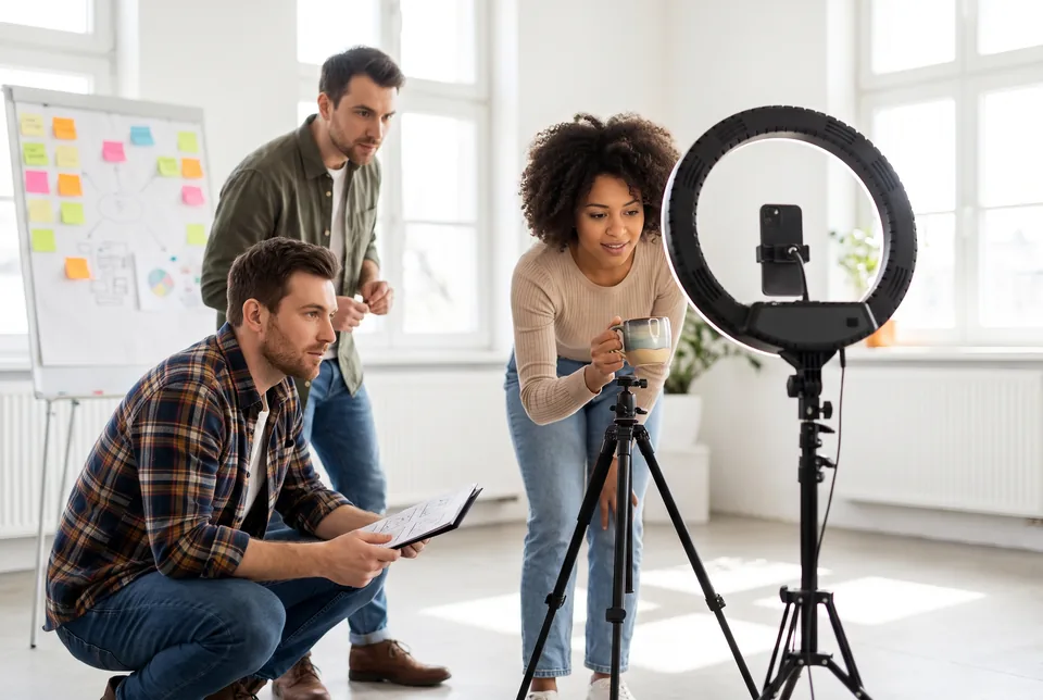 Zespół agencji nagrywa pionowe wideo produktowe do kampanii na TikToku