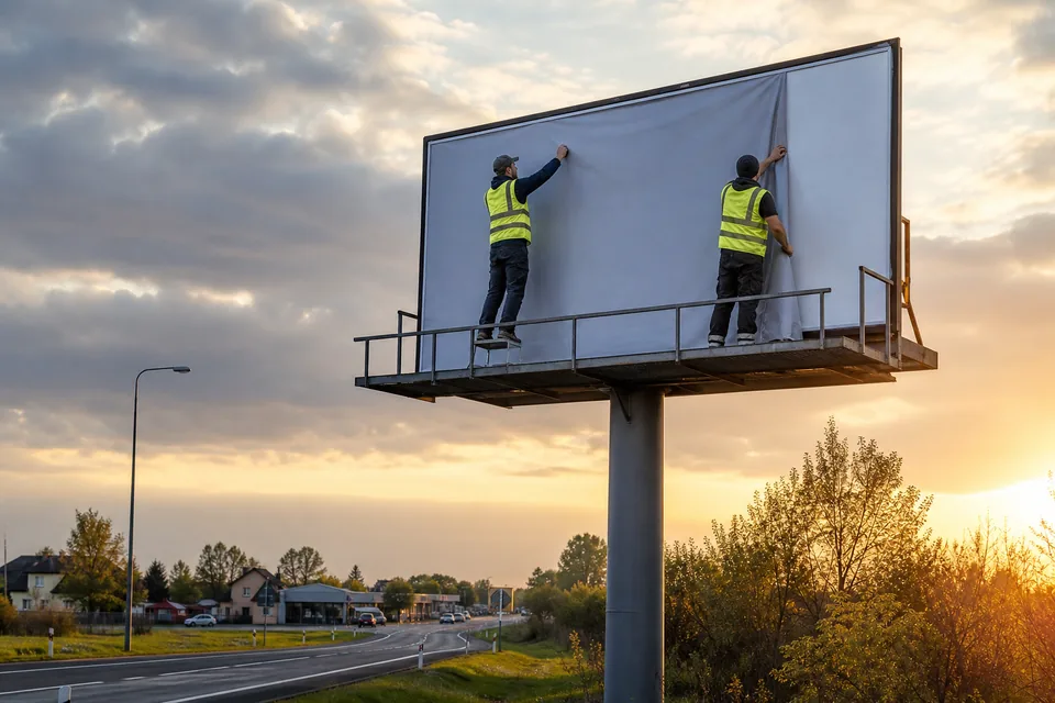 Ekipa wykleja plakat na billboardzie przy drodze podmiejskiej