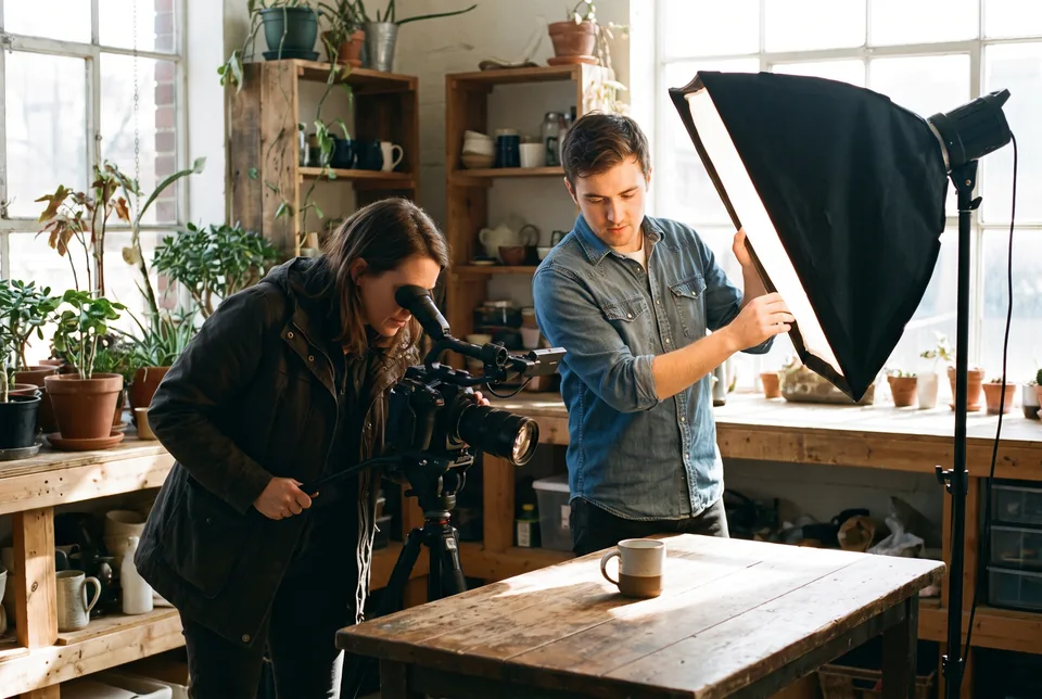 Mała ekipa nagrywa krótki spot reklamowy produktu w pracowni